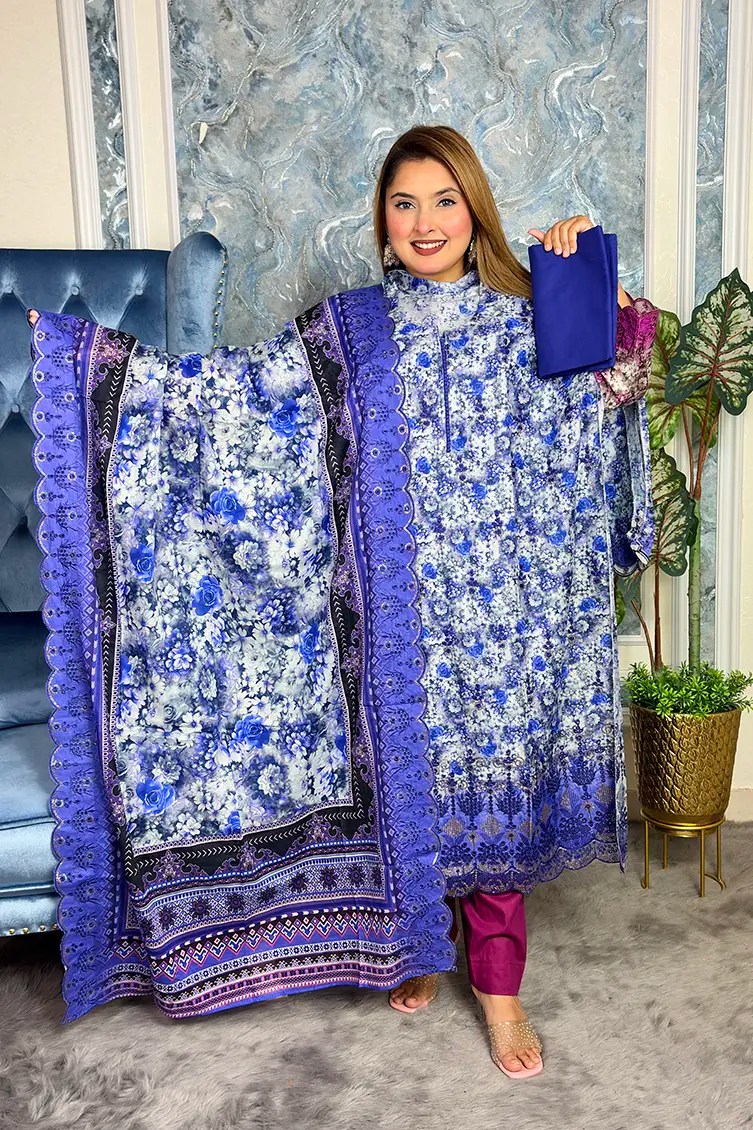 Semi-stitched Premium cotton 3-piece(Blue Color)