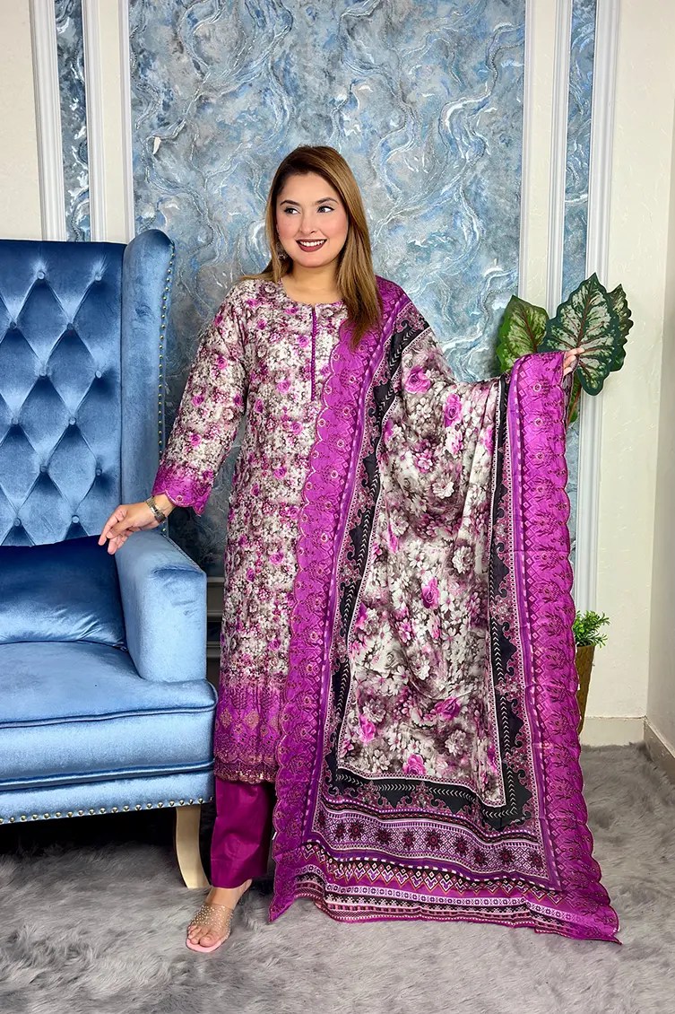 Semi-stitched Premium cotton 3-piece(Purple Color)