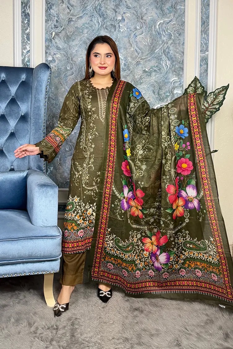 Suprita Premium SWISS LAWN 3-piece(Mehendi Color)