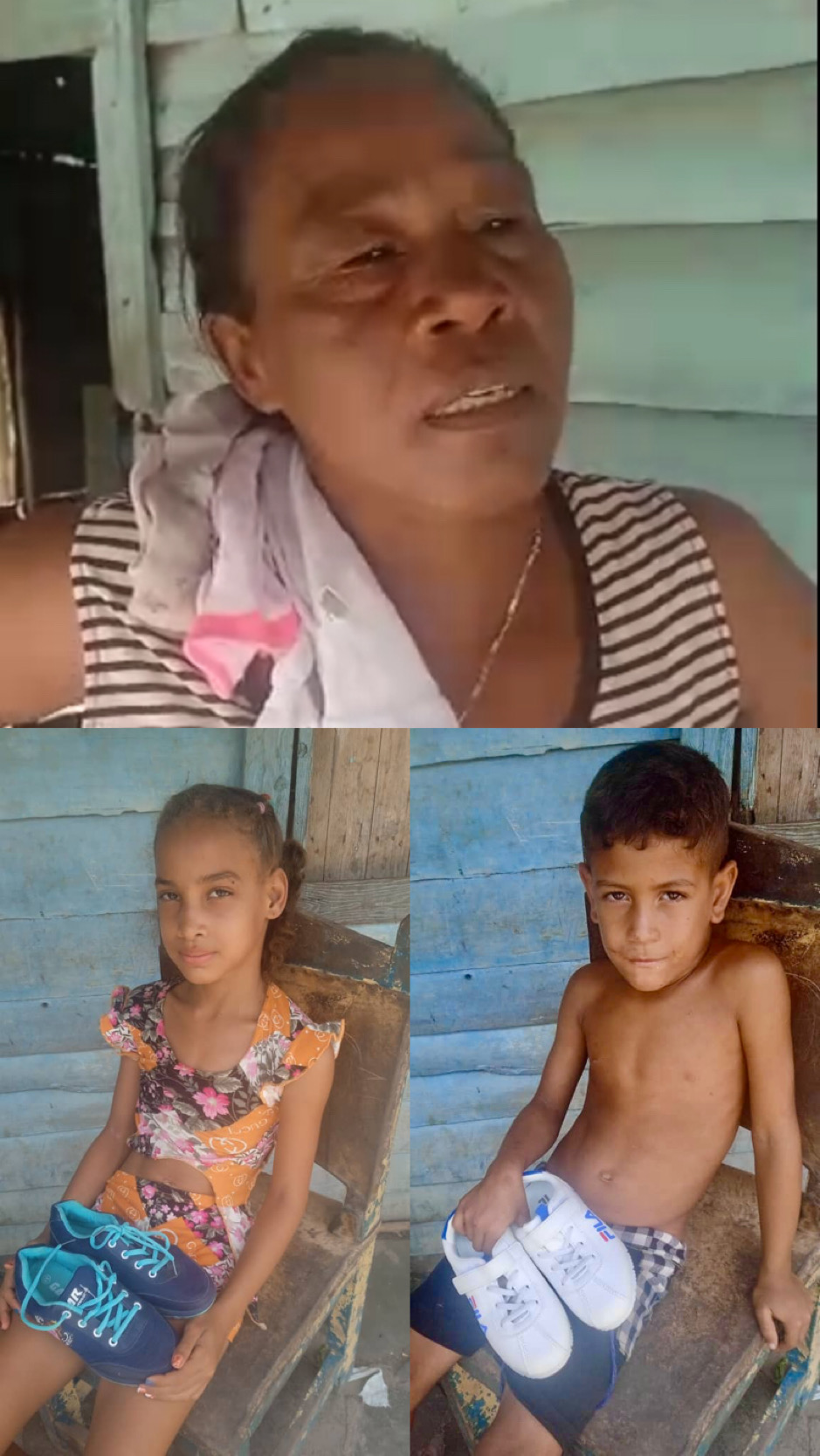 Miguel, his grandmother and Dania receiving their new shoes.