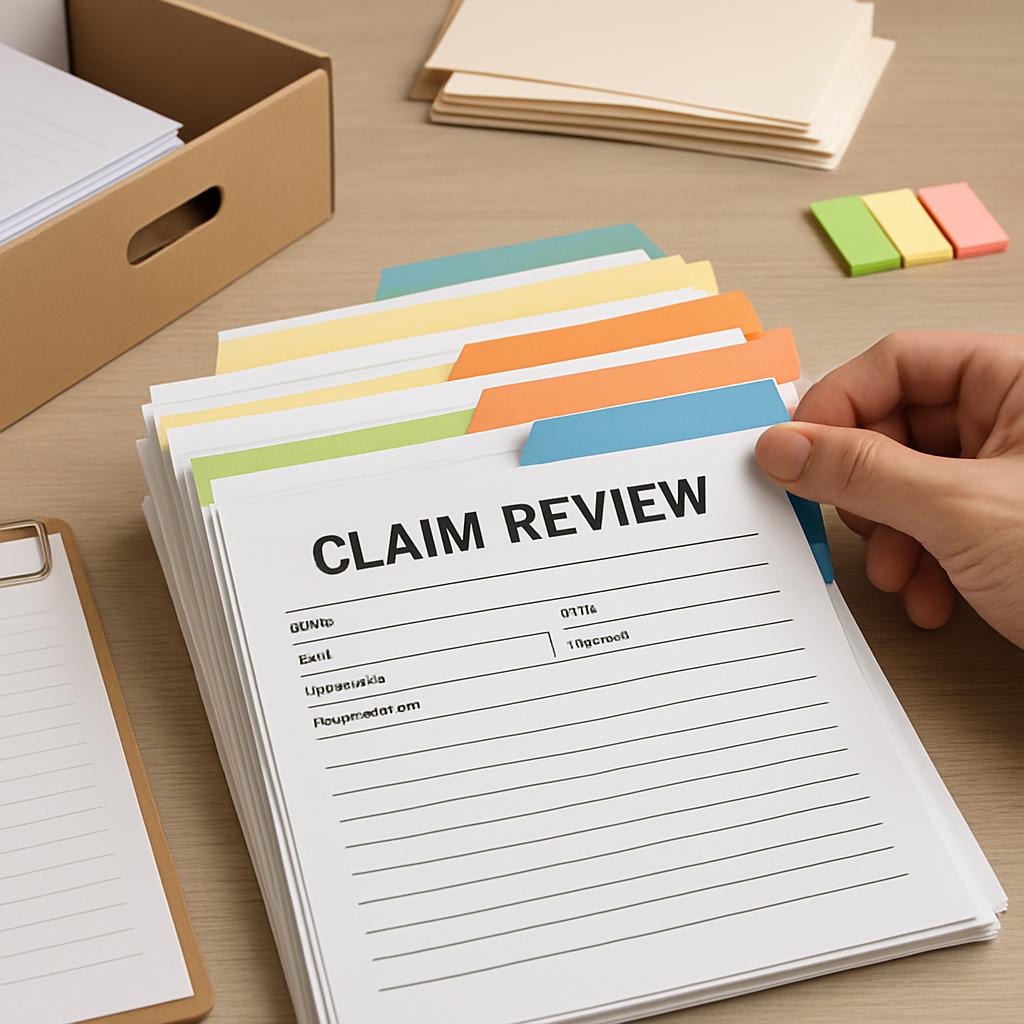 Stack of papers labeled "claim review" on a desk.