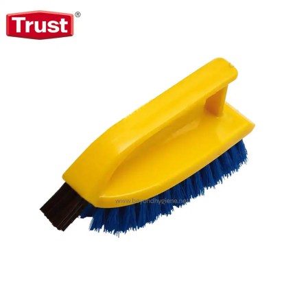 Yellow cleaning brush with handle for hygiene and sanitation purposes in Asia.