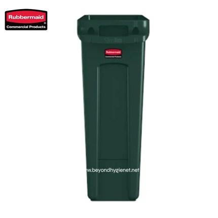Rubbermaid commercial plastic outdoor trash bin for waste disposal and hygiene maintenance.