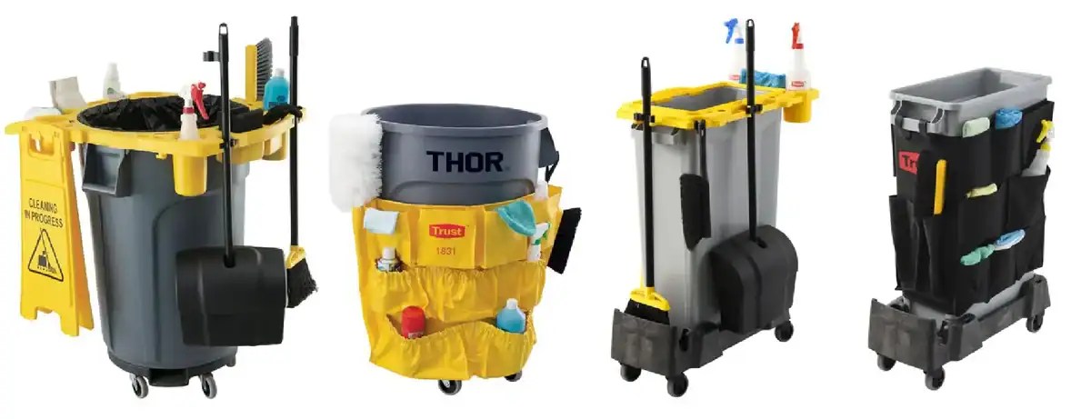 Yellow cleaning cart with cleaning supplies and tools for commercial janitorial use.