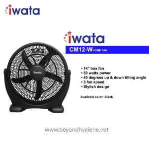 Black Iwata 14-inch table fan ideal for home and office cooling, featuring 3 speed settings, 45° tilt, and stylish design. Perfect for maintaining a comfortable environment.