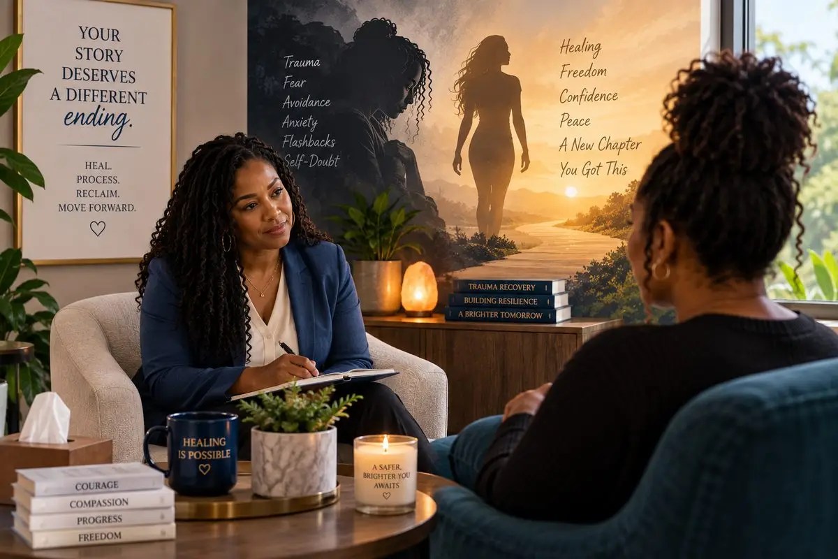 A therapist takes notes while talking with a client in a calm, warmly lit office
