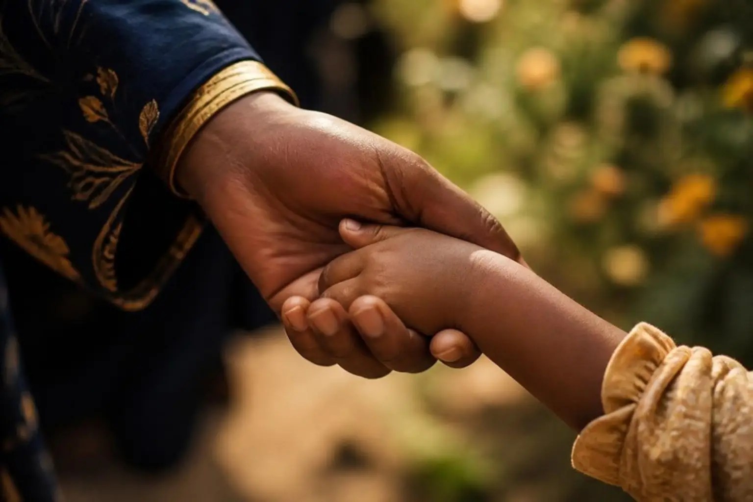 Close-up of an adult's hand gently holding a young child's hand in warm golden light