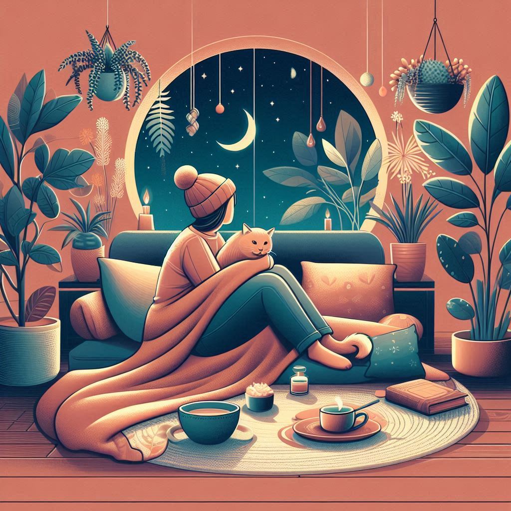 coping with pain ai image woman with cat in front of a woman with moon
