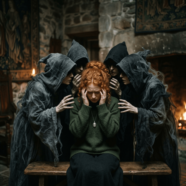 Woman holding head surrounded by four hooded figures in dark robes