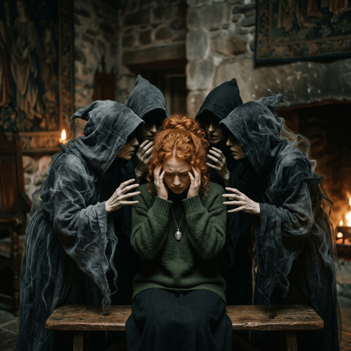 Woman holding head surrounded by four hooded figures in dark robes