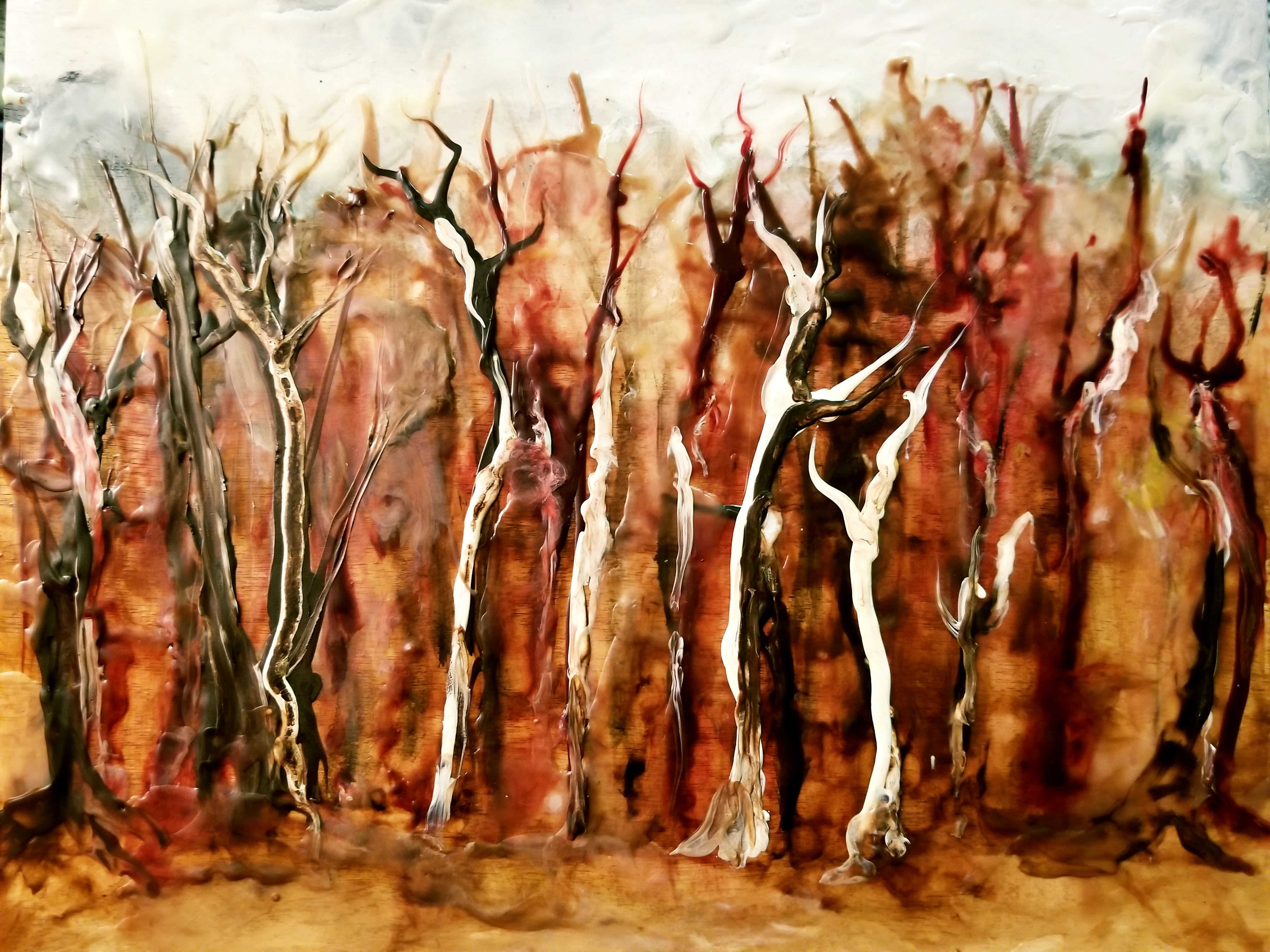 Burden Woods in April, no. 1. 8 x 10". Oil and encaustic on wood. By Cat Jones.