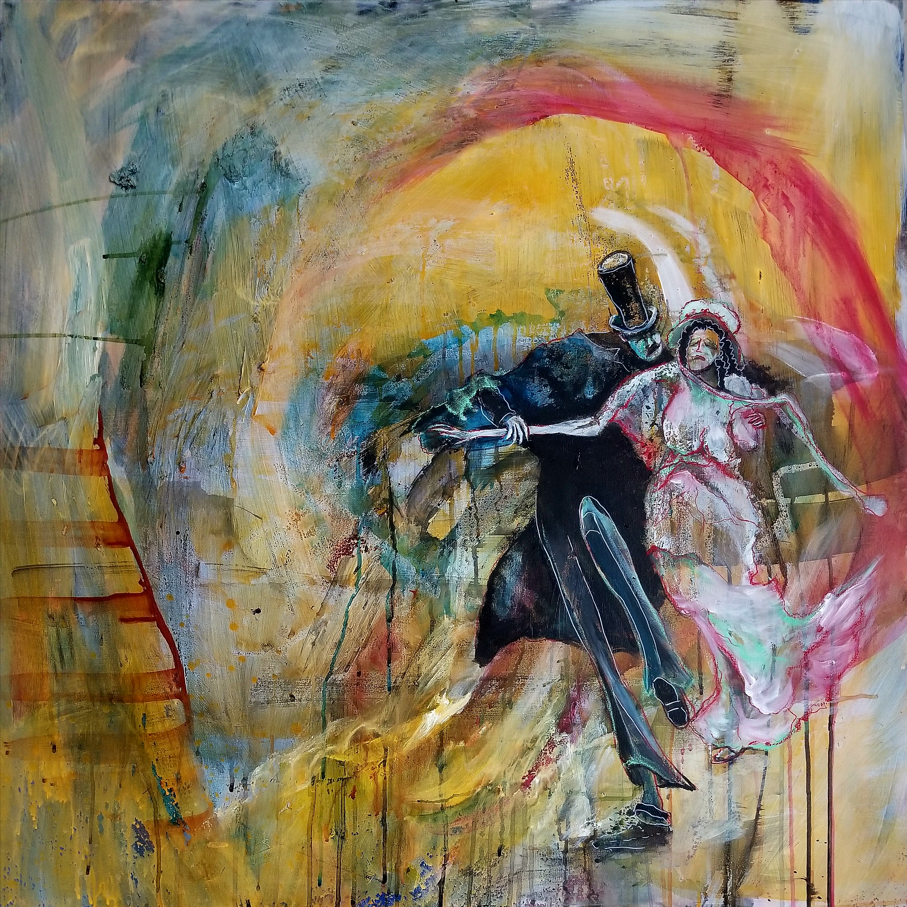 Get That Economy Humming Again (No matter what it costs) 36 x 36". Acrylic and oil and whatnots on canvas. By Cat Jones