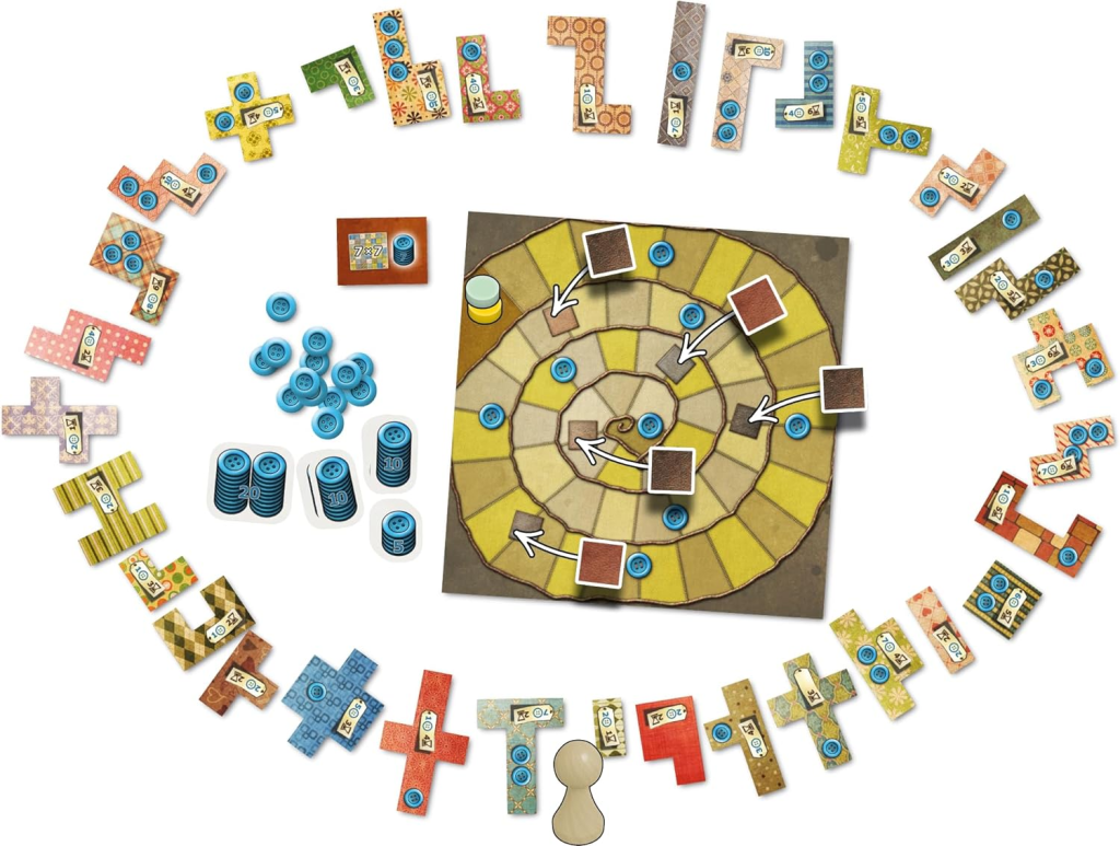 Patchwork board game artwork showing the time track and quilt-building theme in a cozy 2-player strategy game