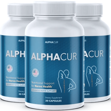 Product image showing three bottles of Alphacur dietary supplement for nerve health