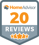 Badge image displaying the HomeAdvisor logo with the text 20 Reviews and five stars beneath, indicating a top-rated flooring installation service.