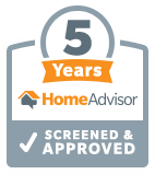 Shield-shaped badge displaying 5 Years HomeAdvisor Screened & Approved with a checkmark below. The words are accompanied by an orange ribbon across the top, highlighting Biasi Tile & Marbles expertise in flooring installation.
