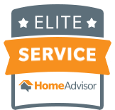 The HomeAdvisor Elite Service badge, showcasing a gray and white shield design, signifies top-tier achievement. Elite Service graces an orange ribbon with star icons above. Perfect for Biasi Tile & Marble experts in tile installation or home renovation. The HomeAdvisor logo features a stylized house below.