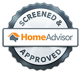 A round badge with a dark blue scalloped edge. Inside, it reads Screened & Approved in white letters. The center features the HomeAdvisor logo with an orange house icon and the text HomeAdvisor in orange and gray, making it perfect for Biasi Tile & Marbles tile installation and home renovation projects.