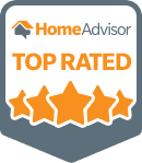 The HomeAdvisor Top Rated badge, proudly displayed by Biasi Tile & Marble, showcases the HomeAdvisor logo above text and a row of five orange stars below, all set against a sleek gray shield-shaped background.