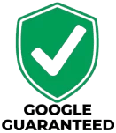 A green shield icon with a black checkmark inside and the words Google Guaranteed written below.