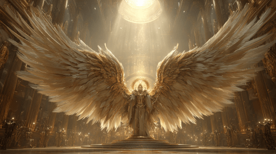 The hierarchy of angels, showing a warrior Archangel in the foreground, guardian Cherubim in the middle, and worshiping Seraphim near a throne of light in the background.