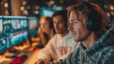 A content creator using multiple AI tools on a computer to produce a high-quality video.