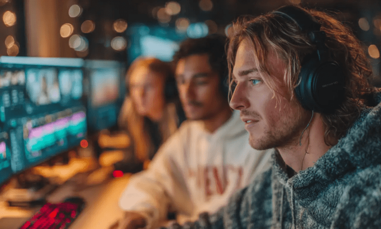 A content creator using multiple AI tools on a computer to produce a high-quality video.