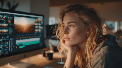 A content creator using multiple AI tools on a computer to produce a high-quality video.