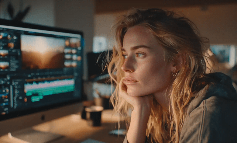 A content creator using multiple AI tools on a computer to produce a high-quality video.