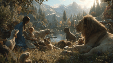 In a beautiful, sunlit meadow on the New Earth, a child pets a lion that is lying peacefully with a lamb, surrounded by other people and animals in perfect harmony.
