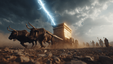 As the Ark of the Covenant tilts on a cart, a man named Uzzah reaches to steady it and is struck down by a bolt of divine light from the sky.
