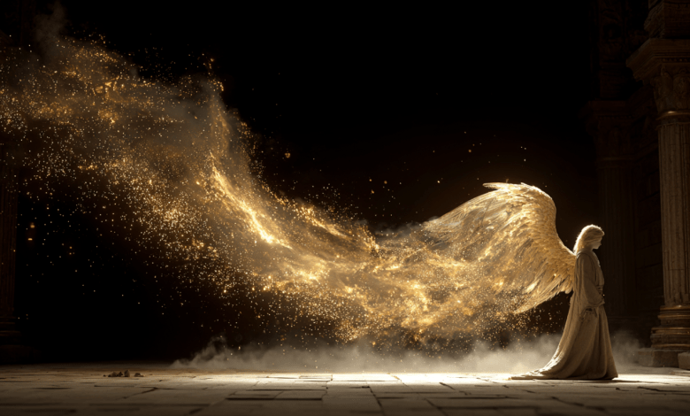 A luminous angel dissolves into ascending particles of golden light, leaving behind a person who is looking on with an expression of deep faith and awe.