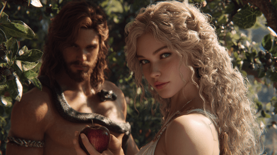 Adam and Eve with the forbidden fruit in the Garden of Eden, representing the fall of man.