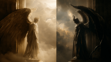 A split image shows a glorious, light-filled angel on the left transforming into a dark, shadowy, fallen angel on the right.