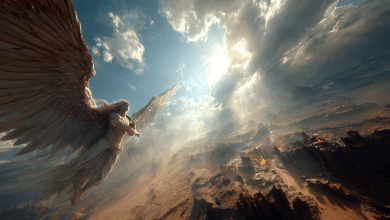 Lucifer transforming into Satan as he falls from heaven, showing his direct metamorphosis and the origin of evil.