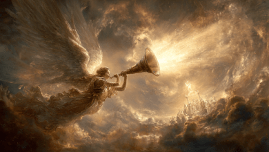 A majestic angel blows the seventh trumpet in heaven, causing elders to worship before a throne and storms to begin on the Earth below.