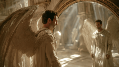 A beautiful, glorious angel looks at his reflection, but the reflection is twisting into a dark, shadowy, and prideful version of himself.