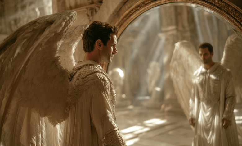 A beautiful, glorious angel looks at his reflection, but the reflection is twisting into a dark, shadowy, and prideful version of himself.