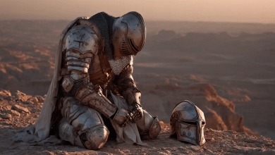 A lone Crusader knight kneeling in prayer in the Middle East, symbolizing the religious motivations behind the Crusades.