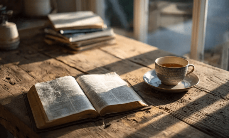 Open Bible on table with warm light symbolizing godly contentment