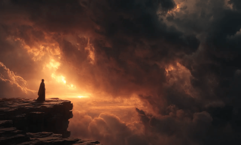 A person standing in a divine light, symbolizing the protection of Psalm 91 amidst a dark and chaotic world.