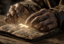 A pair of hands holding an old journal, with stains on the pages being transformed into beautiful script by the light of a cross, symbolizing life transformation through the cross.