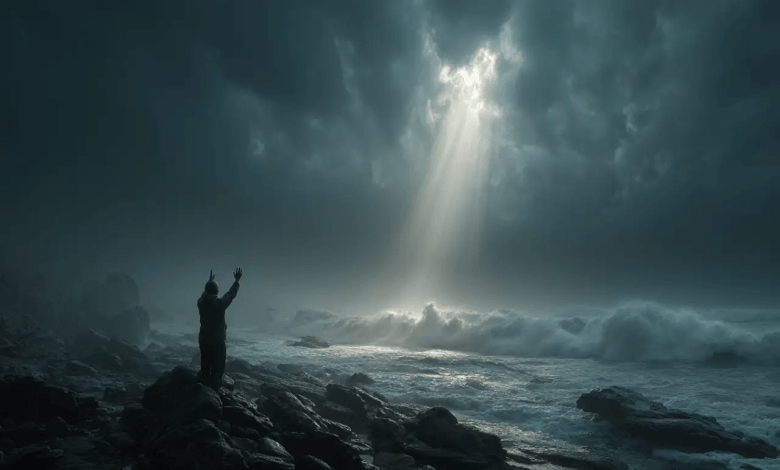 A person crying out to God in prayer on a stormy coastline, with a beam of light breaking through the clouds, symbolizing hope.