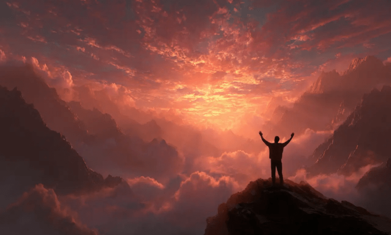 A person on a mountaintop with hands raised in a joyful expression, symbolizing a heart filled with joy from the Psalms.