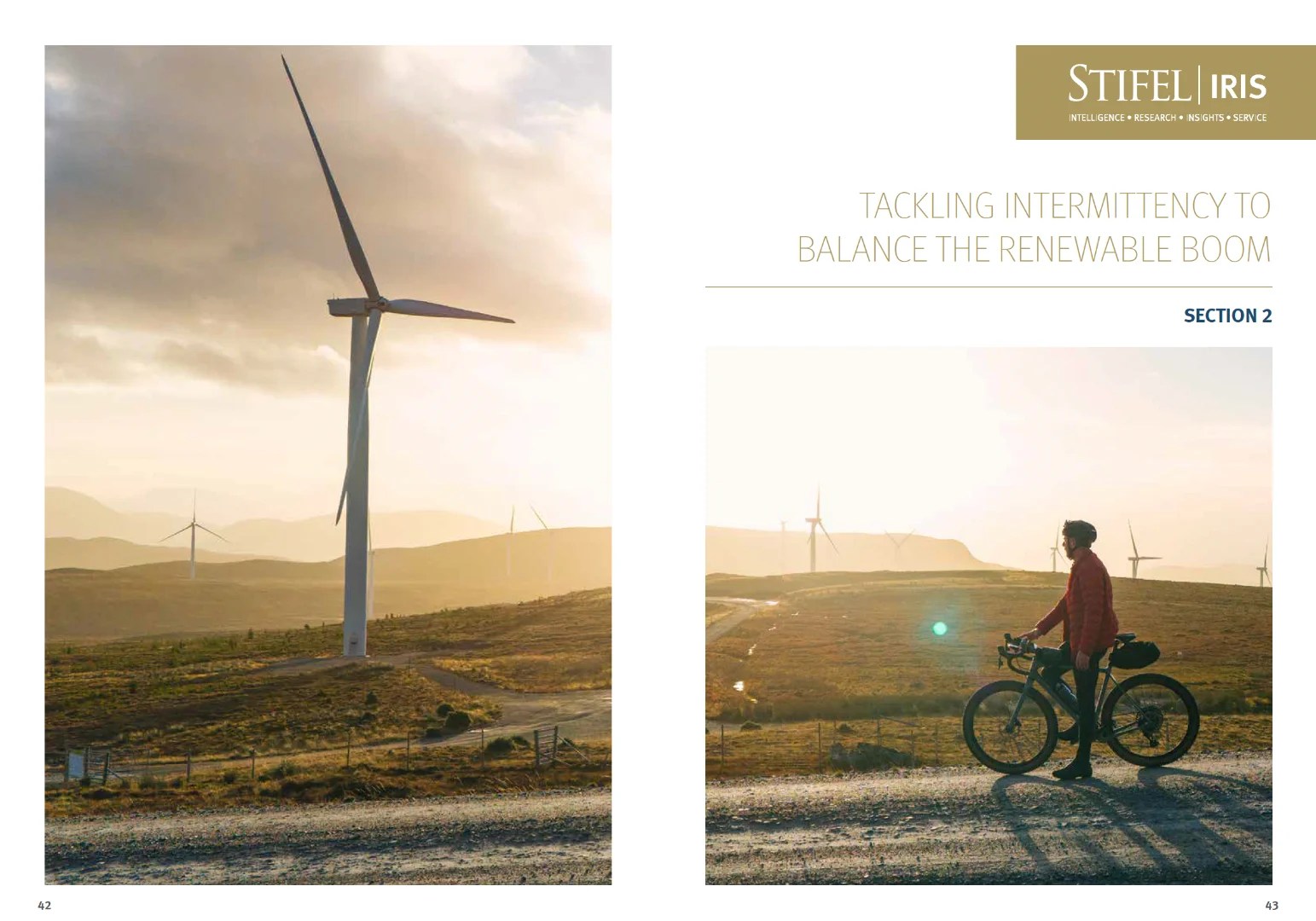 Section opener spread with two photographs of a wind farm at sunset and the section title in gold