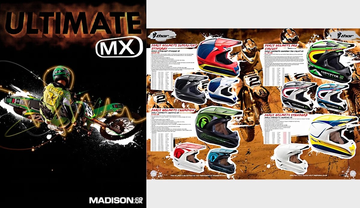 Cover of the Ultimate MX motocross product catalog and a motocross catalog spread showing the Thor Force helmet range