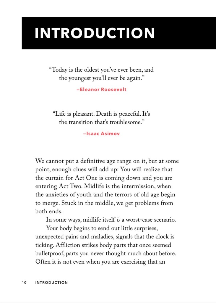 Introduction page featuring quotes from Eleanor Roosevelt and Isaac Asimov about aging and life transitions. The text discusses the challenges of midlife, including physical changes and emotional struggles.