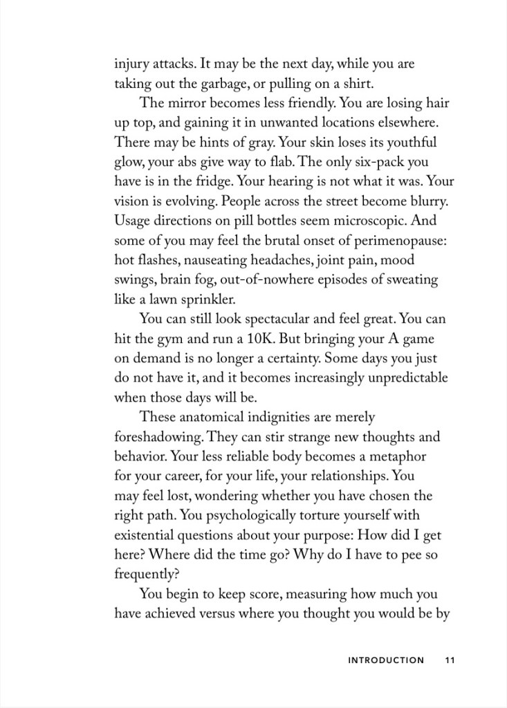 A page from a book discussing the changes in the body and mind that come with aging, including reflections on self-image, health, and existential thoughts.