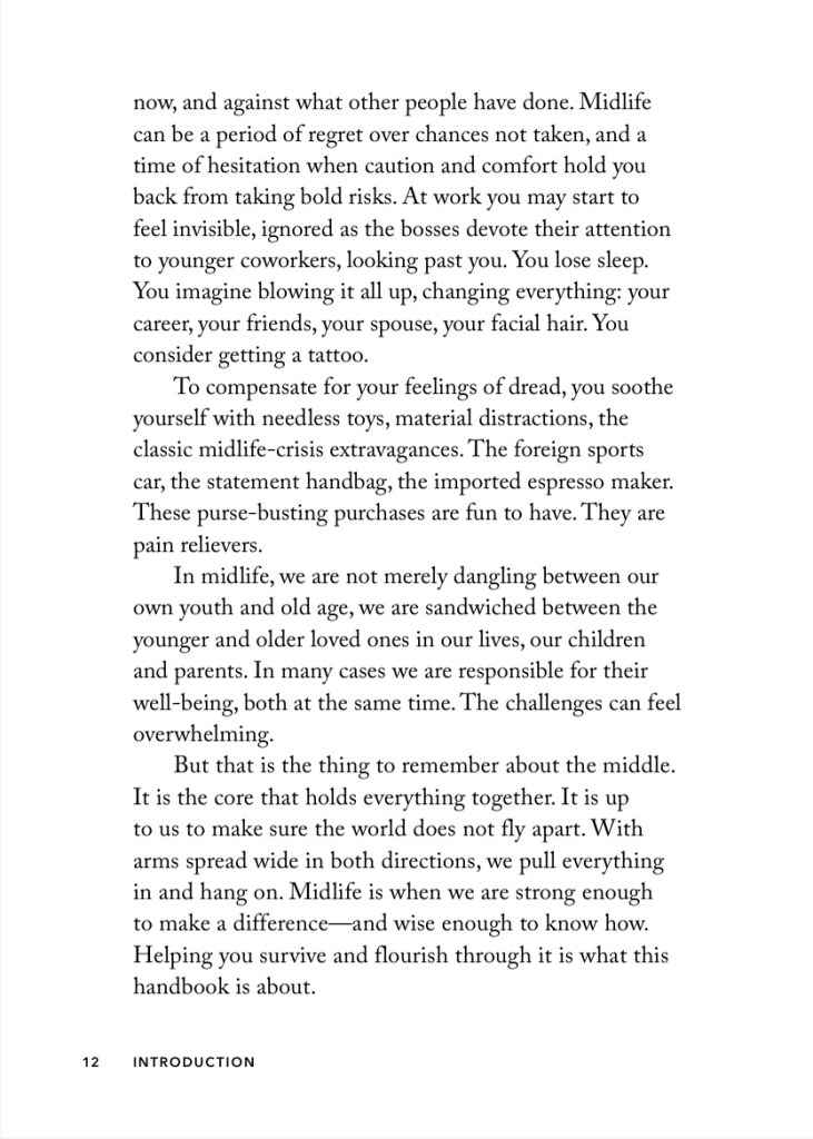 Page from a book discussing the challenges and reflections of midlife, including feelings of invisibility, the desire for change, and the responsibilities towards younger and older generations.