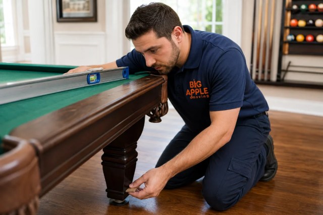 Big Apple Moving crew leveling a pool table at the destination in New York City